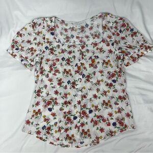 Elodie Women's Size Small White Floral Buttp Up Short Elastic Sleeve Top